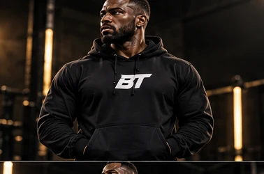 Male model wearing a black Built Tough hoodie
