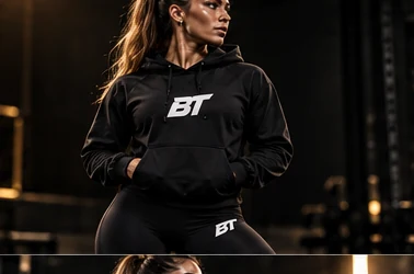 Female model wearing a black Built Tough hoodie